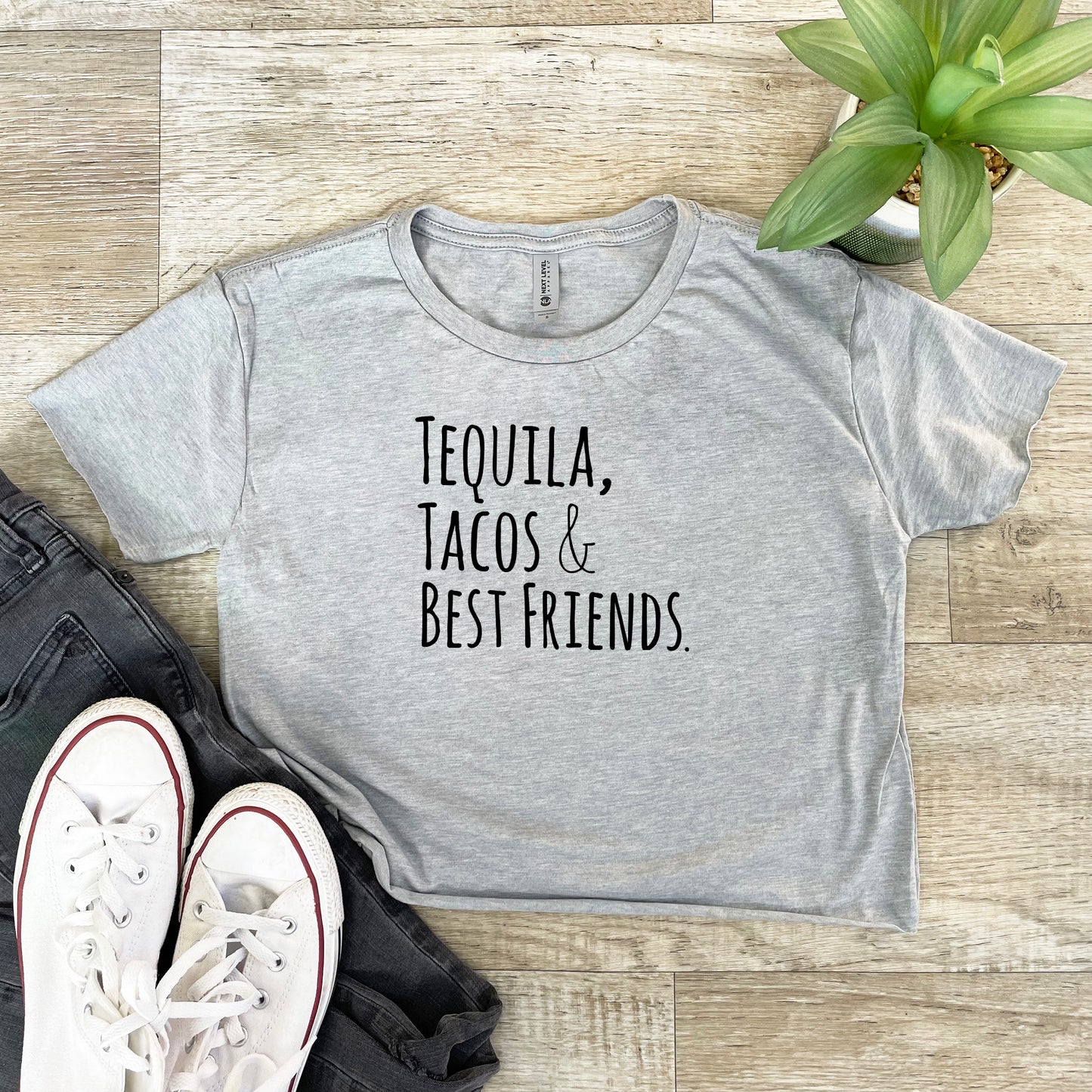 Tequila, Tacos, & Best Friends - Women's Crop Tee - Heather Gray or Gold