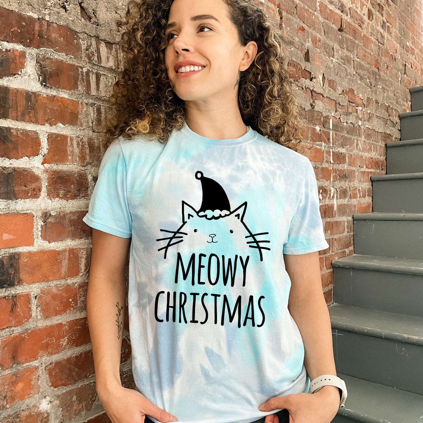 Meowy Christmas (Cat) - Mens/Unisex Tie Dye Tee - Blue