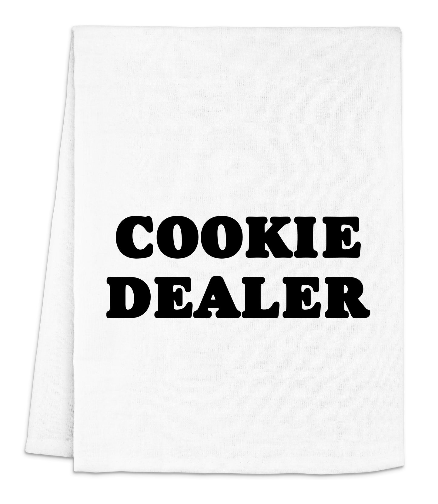 a white towel with the words cookie dealer printed on it
