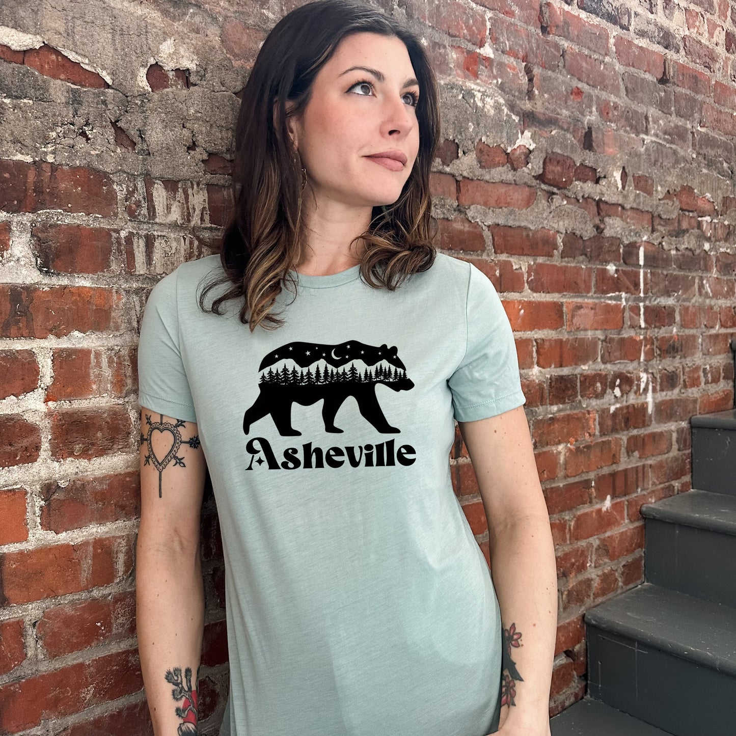 Asheville Bear - Women's Crew Tee - Olive or Dusty Blue