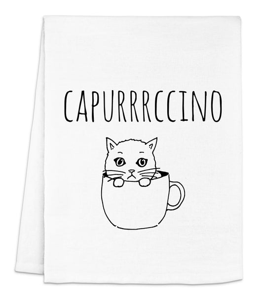 a tea towel with a cat in a cup