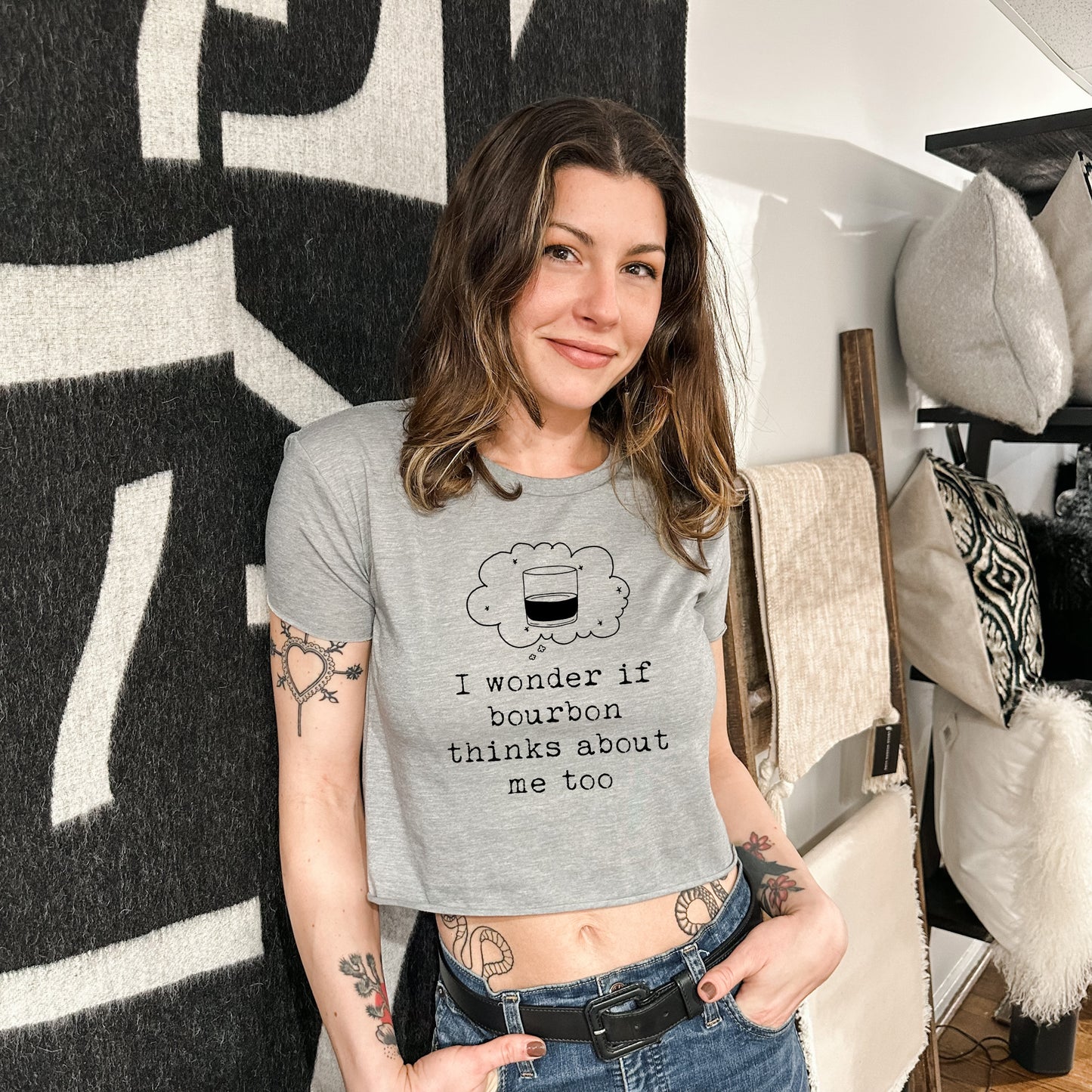 I Wonder If Bourbon Thinks About Me Too - Women's Crop Tee - Heather Gray or Gold