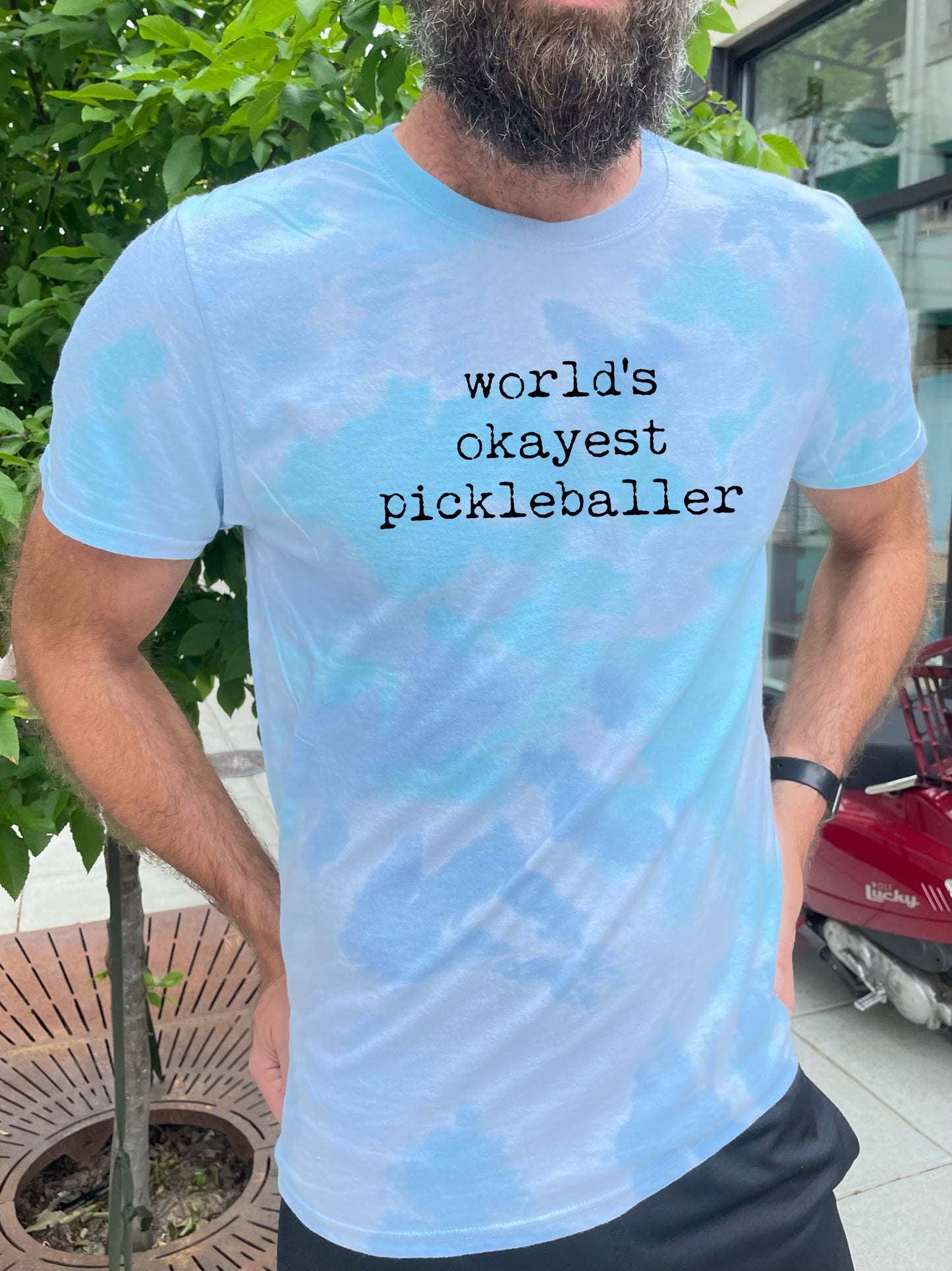 World's Okayest Pickleballer - Mens/Unisex Tie Dye Tee - Blue
