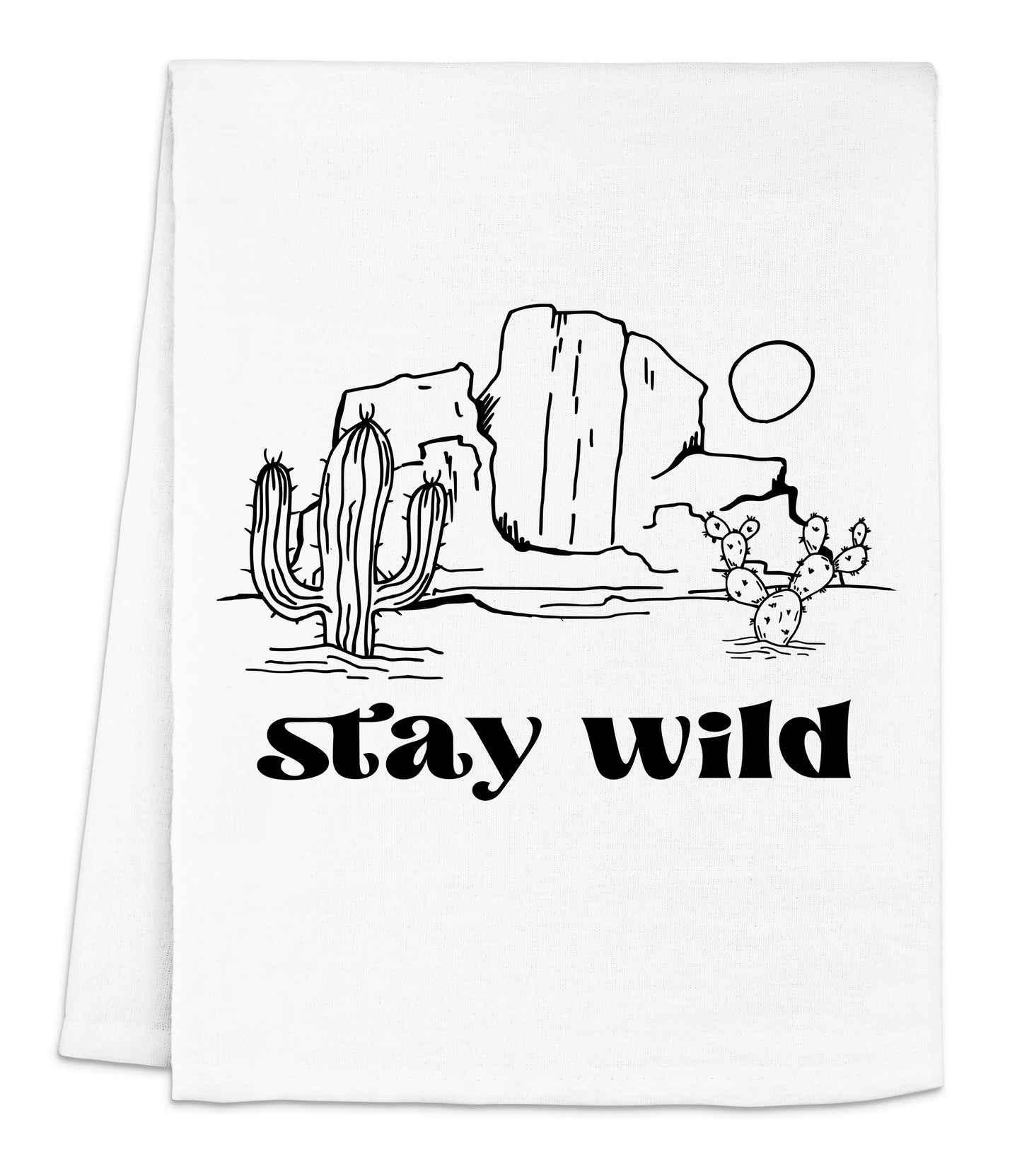 a white dish towel with a black and white image of a cactus and the words