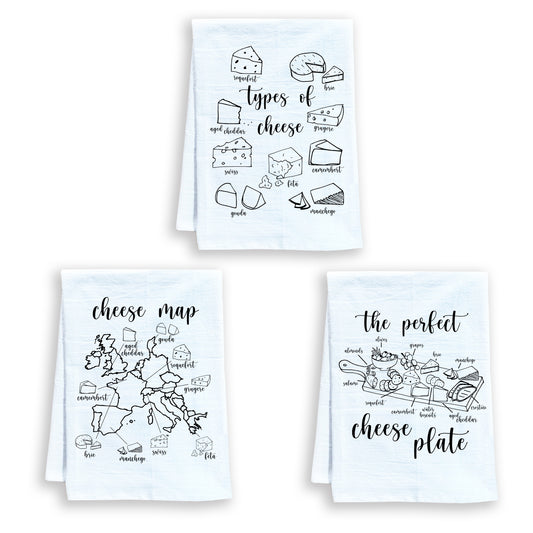 three tea towels with different types of cheese on them