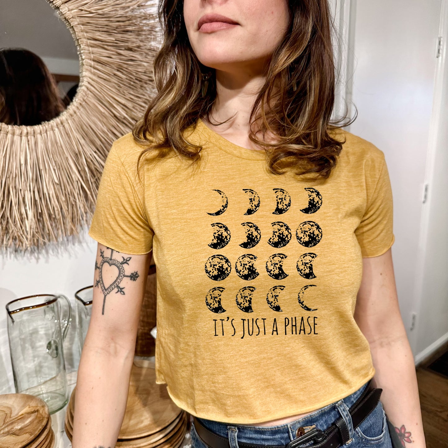 It's Just A Phase - Moon - Women's Crop Tee - Heather Gray or Gold