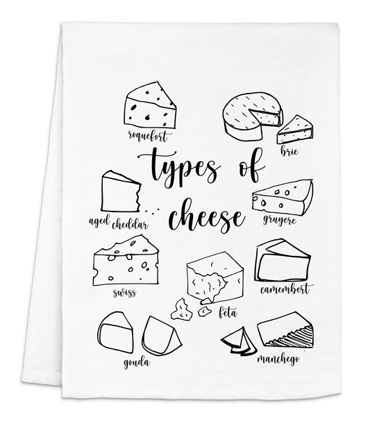 a white napkin with black ink that says types of cheese