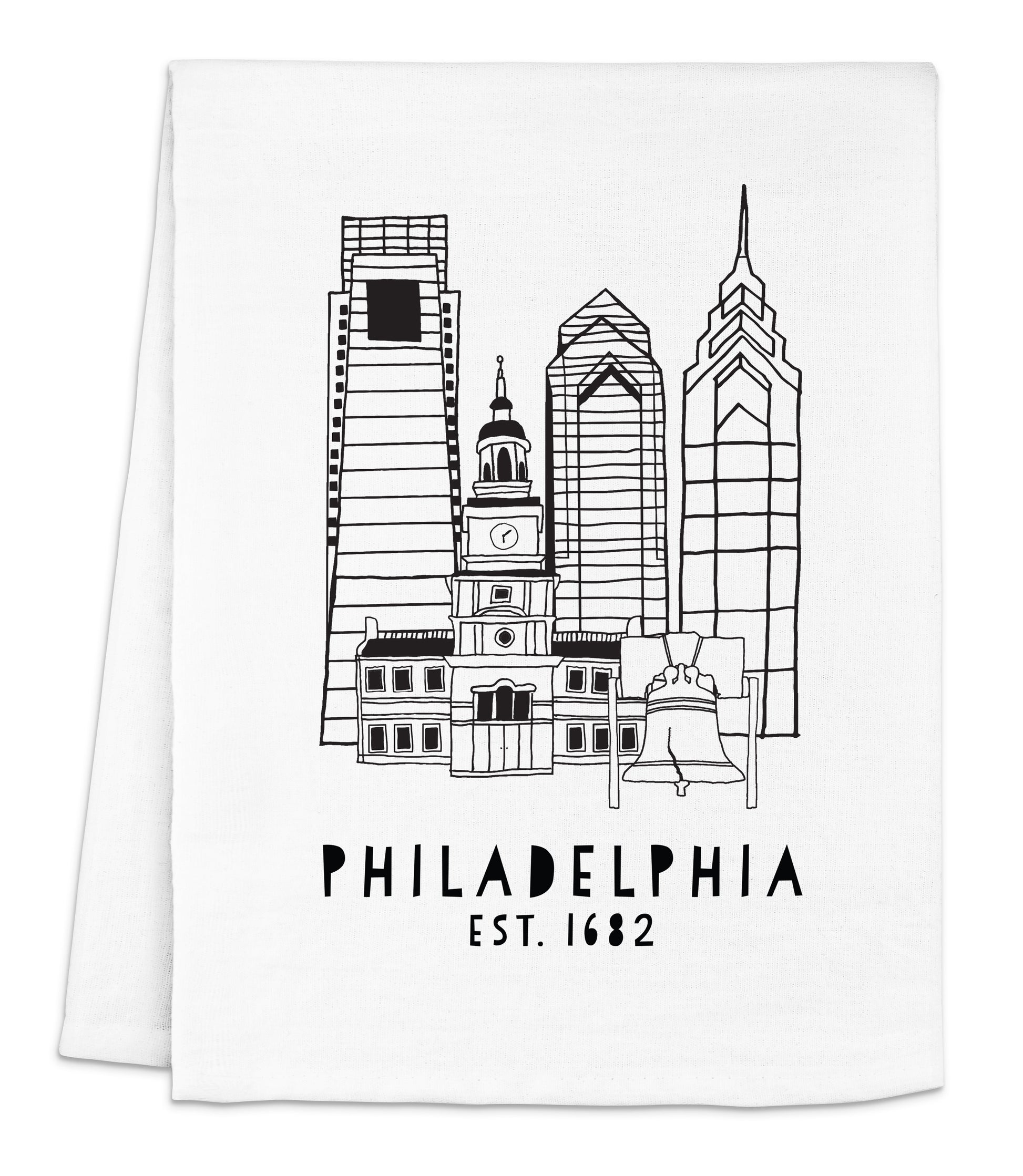 a white towel with a black and white picture of philadelphia
