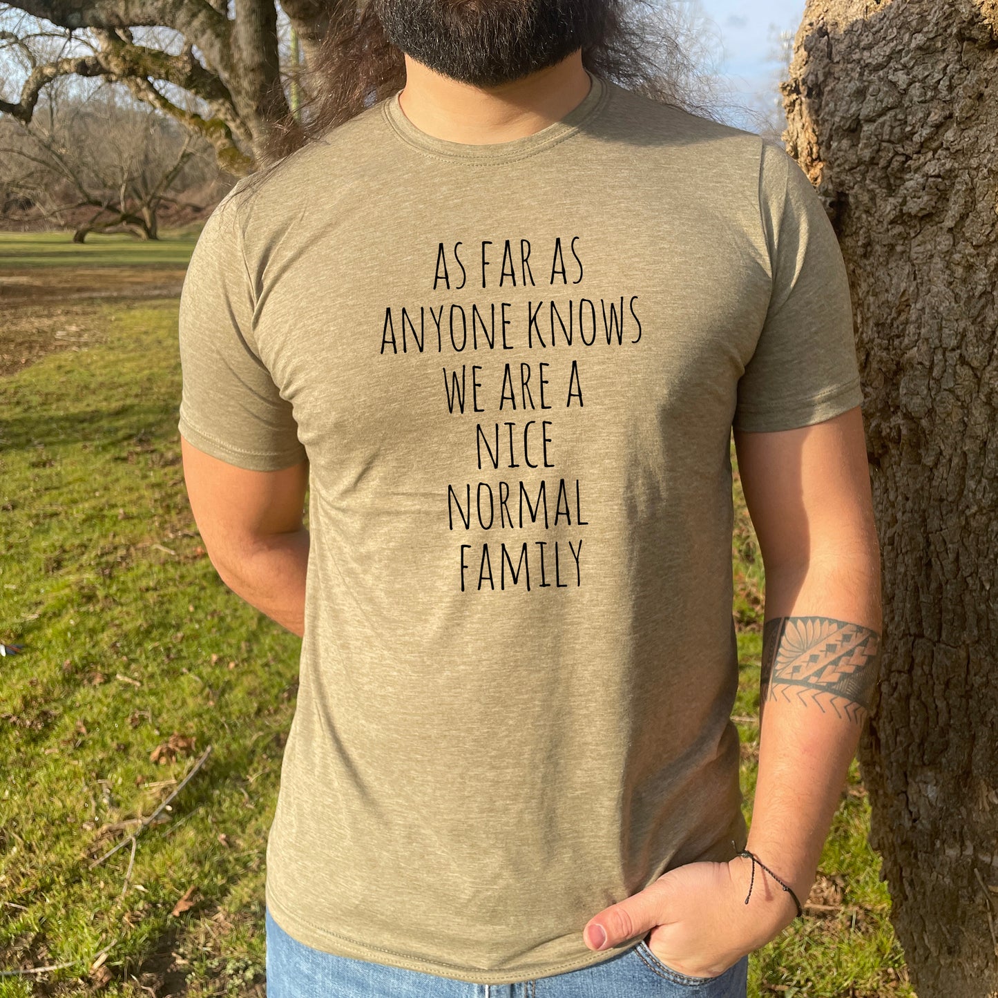 As Far As Anyone Knows We Are A Nice Normal Family - Men's / Unisex Tee - Stonewash Blue or Sage