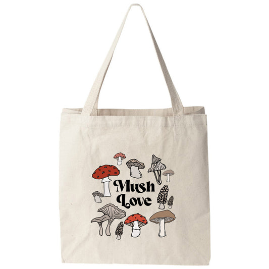 a mushroom tote bag with mushrooms on it