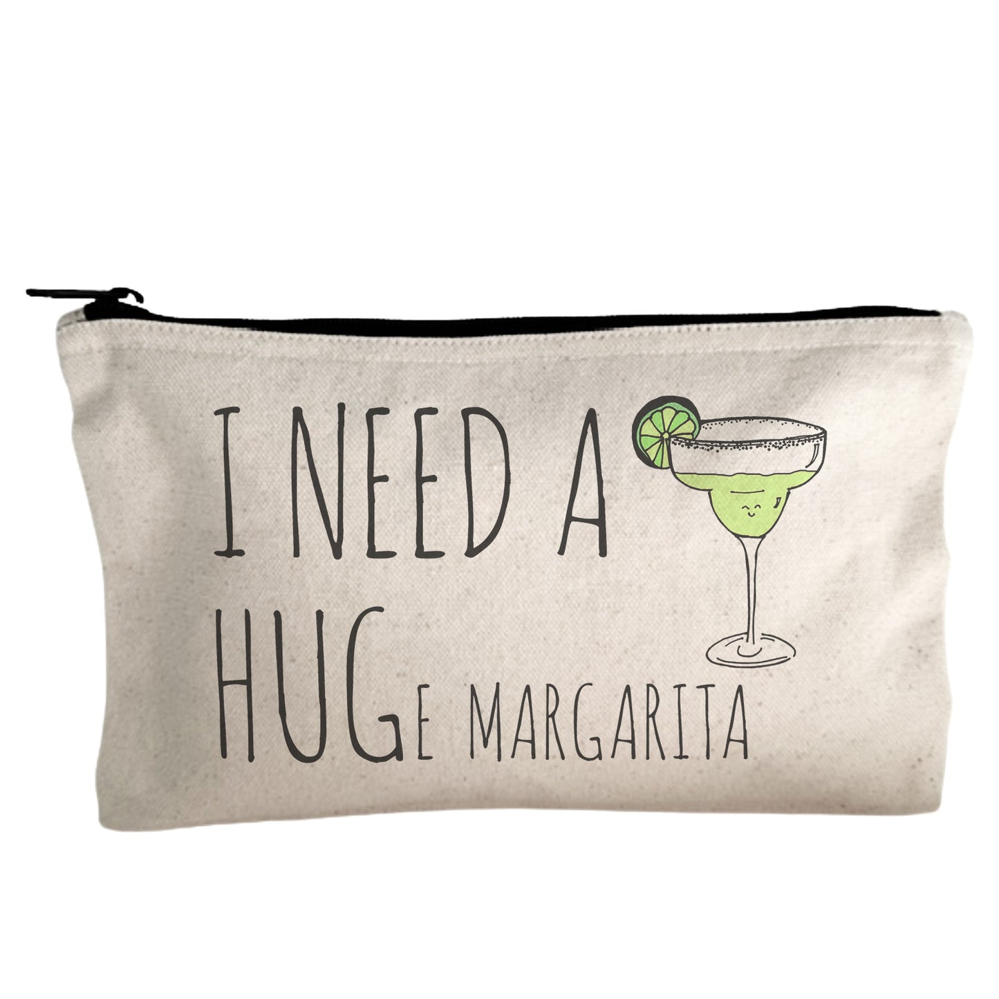 a white zippered pouch with a picture of a drink and the words i need