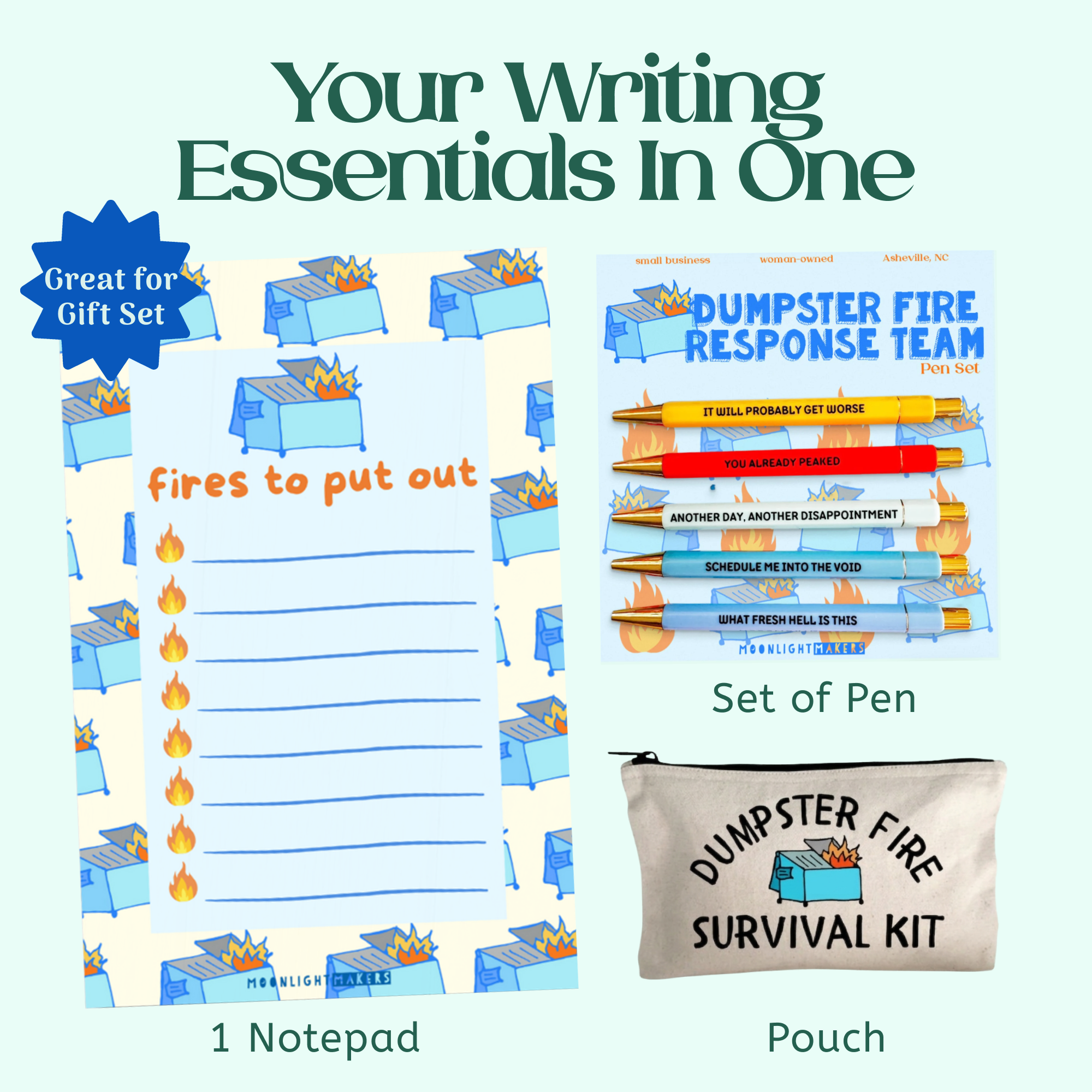 Dumpster Fire Gift Set – Dumpster Fire Pen Set, Survival Kit Zipper Pouch, Fires To Put Out Notepad