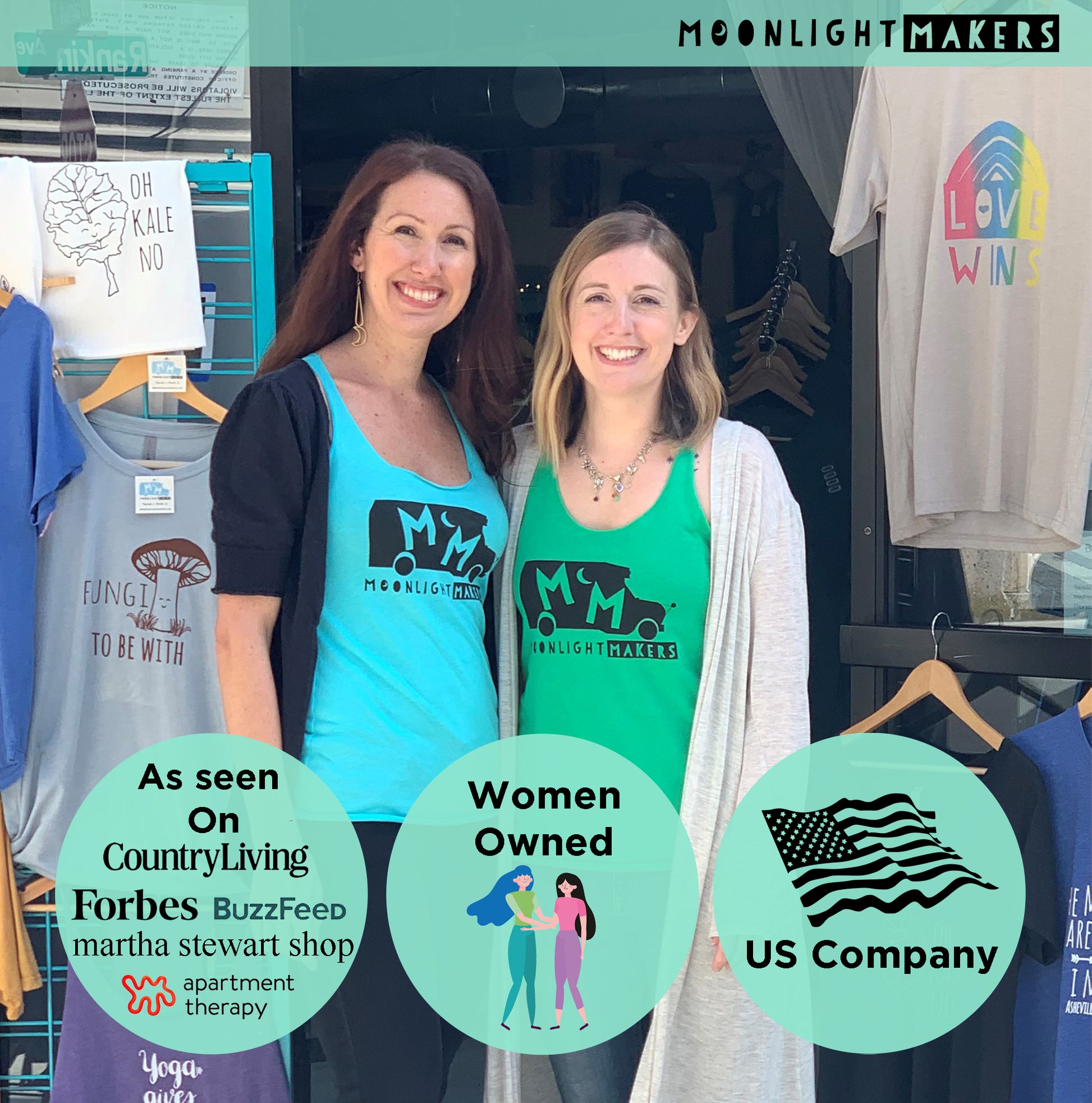 two women standing next to each other in front of shirts