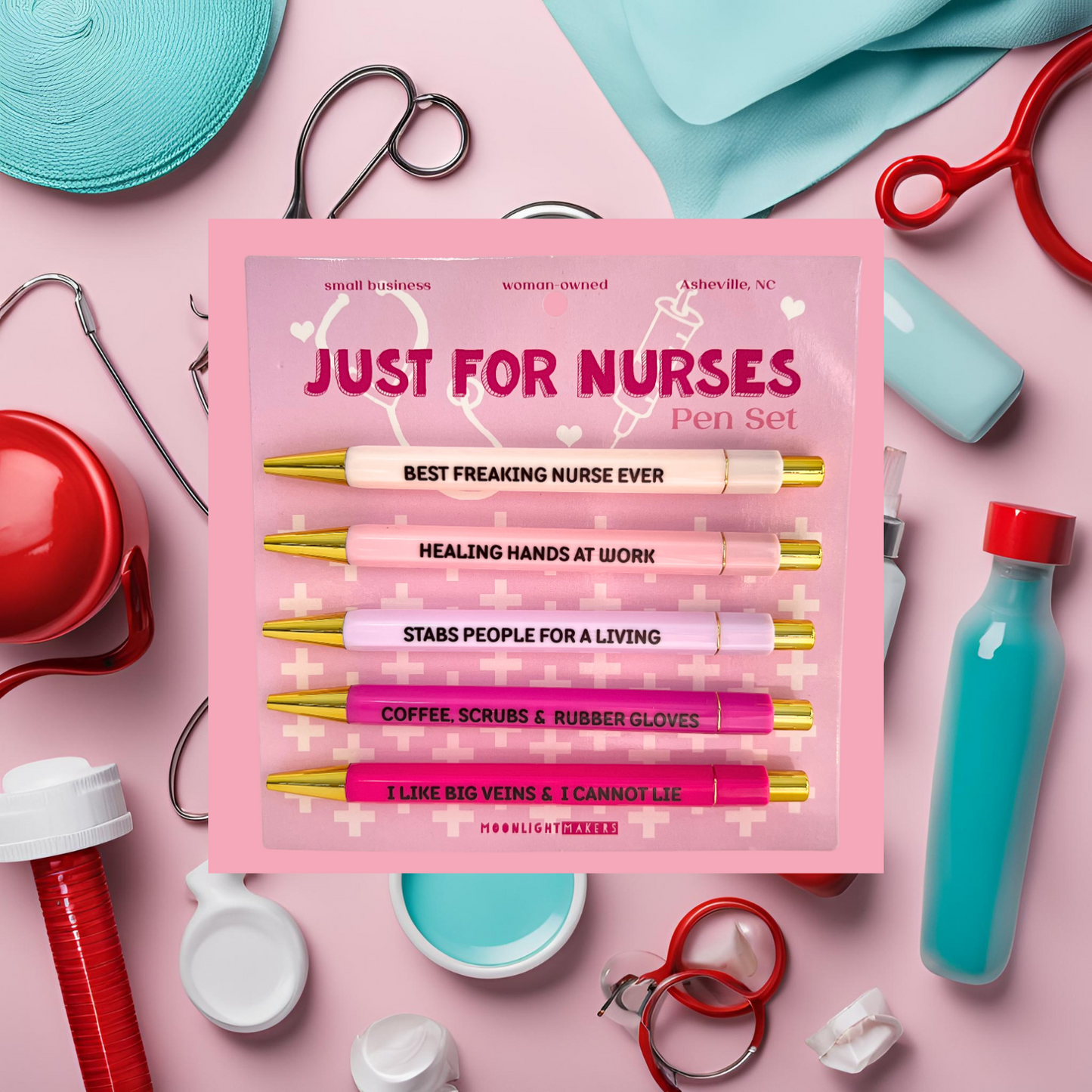 a pink package of nurse supplies on a pink surface