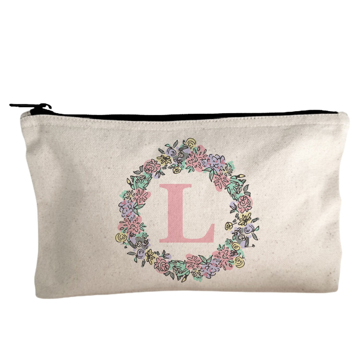 a white canvas bag with a floral monogrammed initial