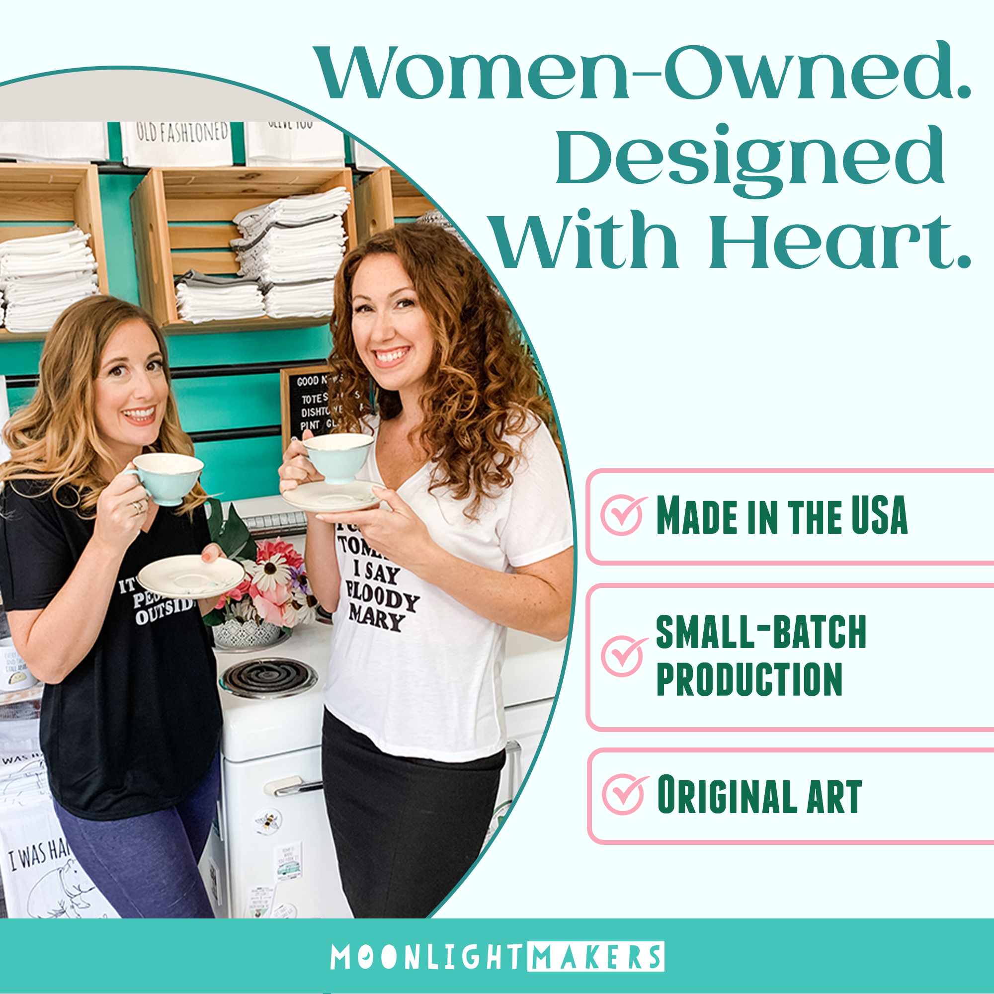 two women standing in a kitchen, holding cups of tea and smiling. The text above the image reads 