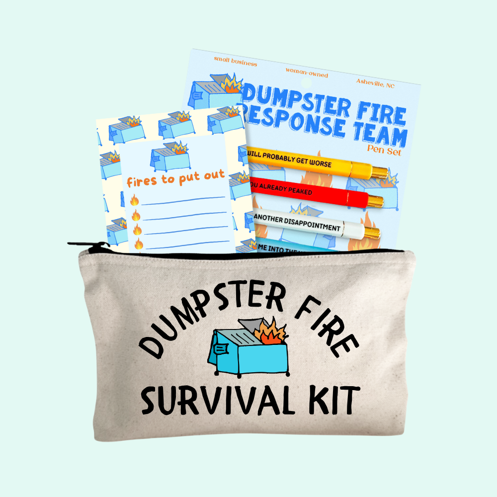 Dumpster Fire Gift Set – Dumpster Fire Pen Set, Survival Kit Zipper Pouch, Fires To Put Out Notepad
