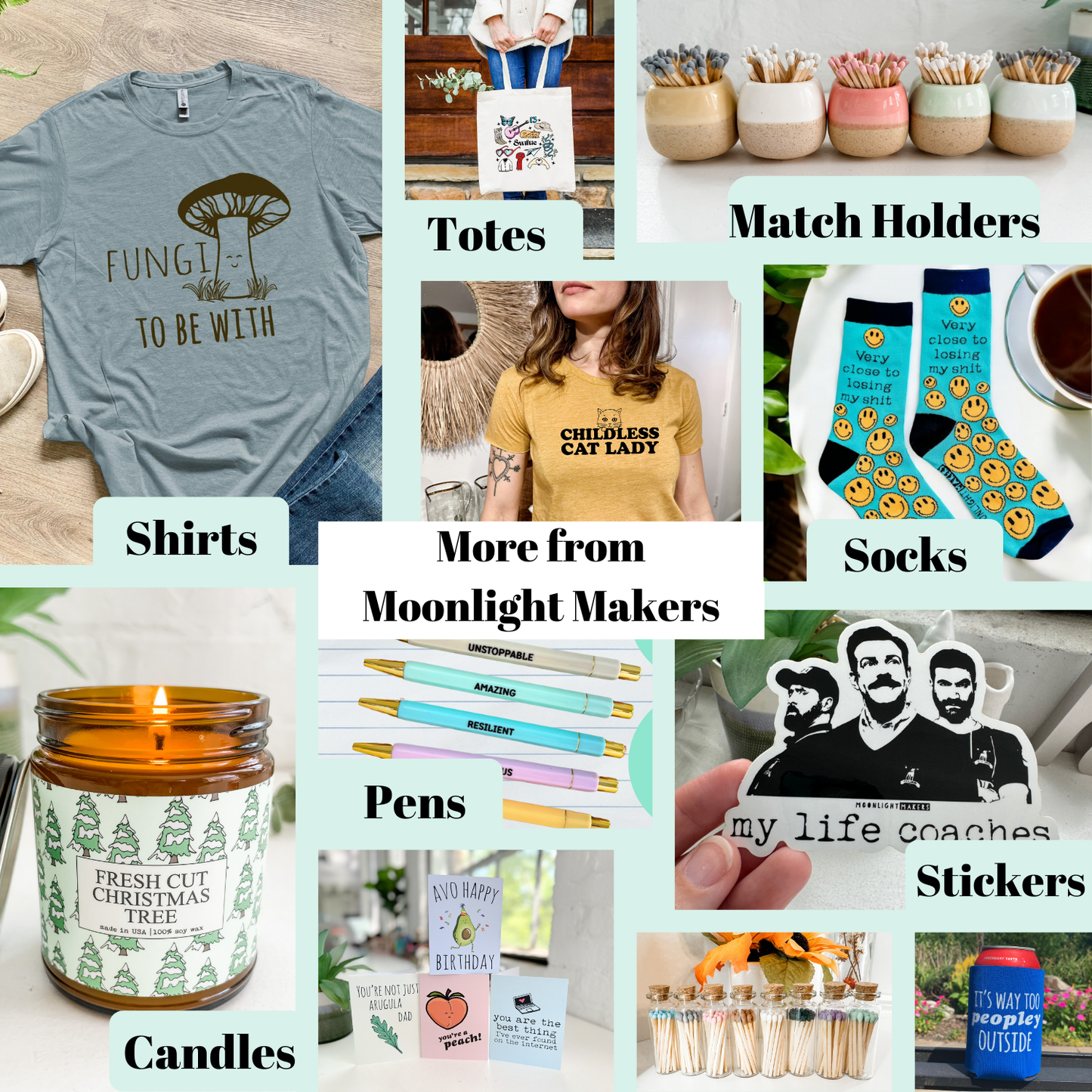 a collage of different items that include candles, t - shirts, socks,