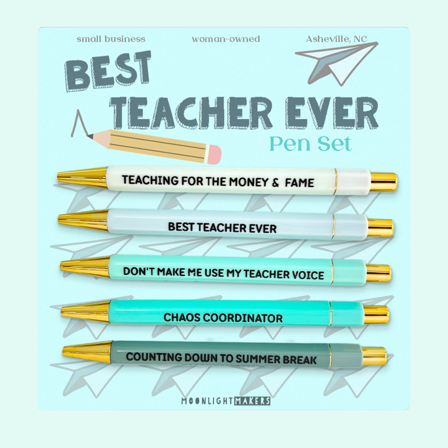 Teacher Gift Set – Best Teacher Ever Pen Set, Funny Teacher Pouch, Teacher Survival Notepad