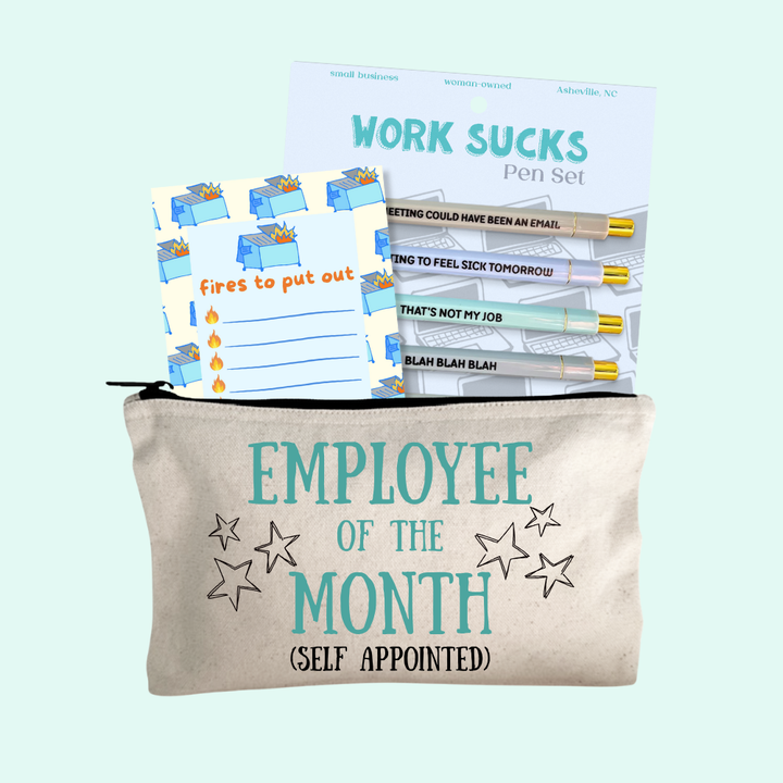 Co-Worker Gift Set – Work Sucks Pen Set, Employee Of The Month Zipper Pouch, Today's Garbage Notepad