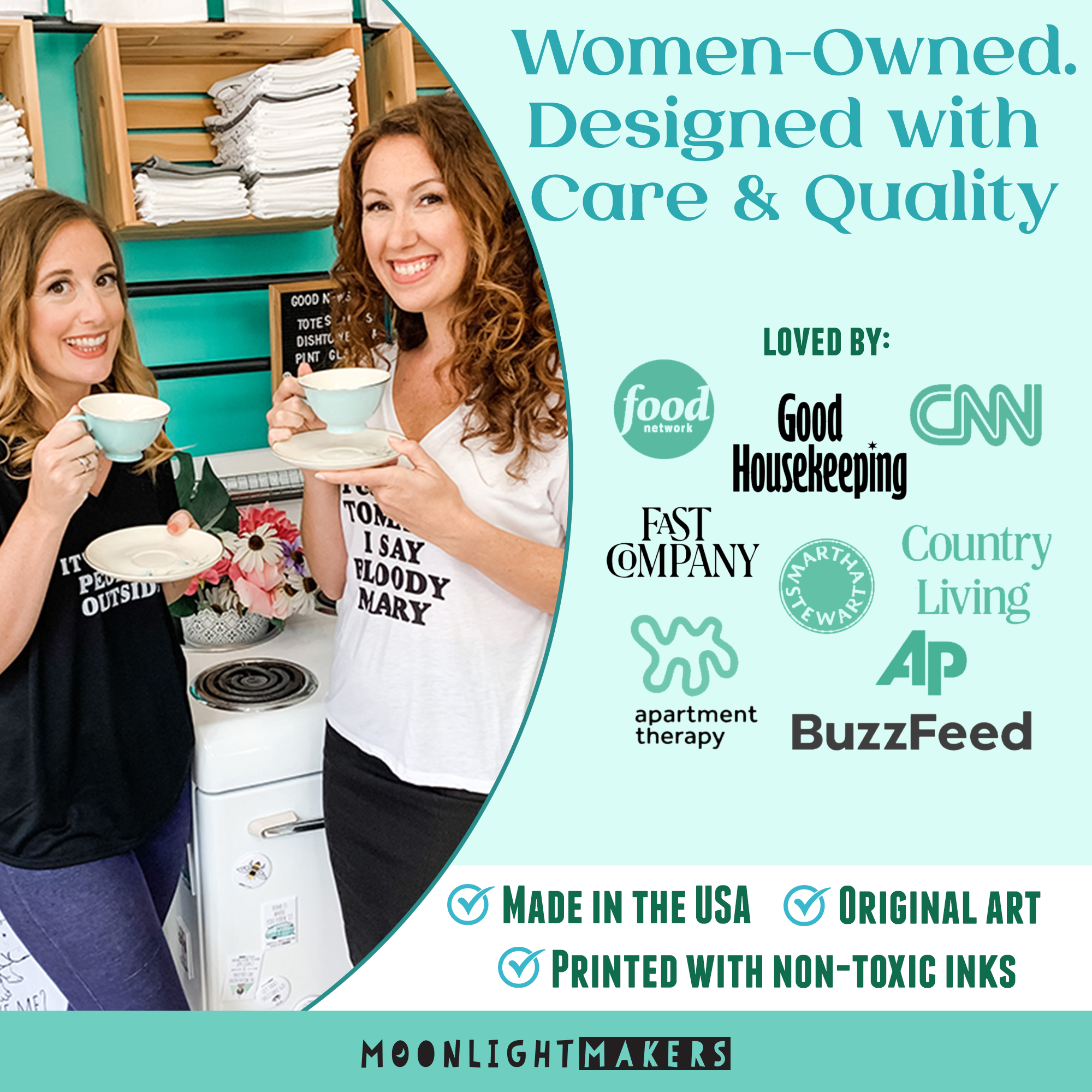 two women standing in a kitchen, smiling and holding cups of tea. The background includes a shelf with various items, and there are logos and text related to the women's business.