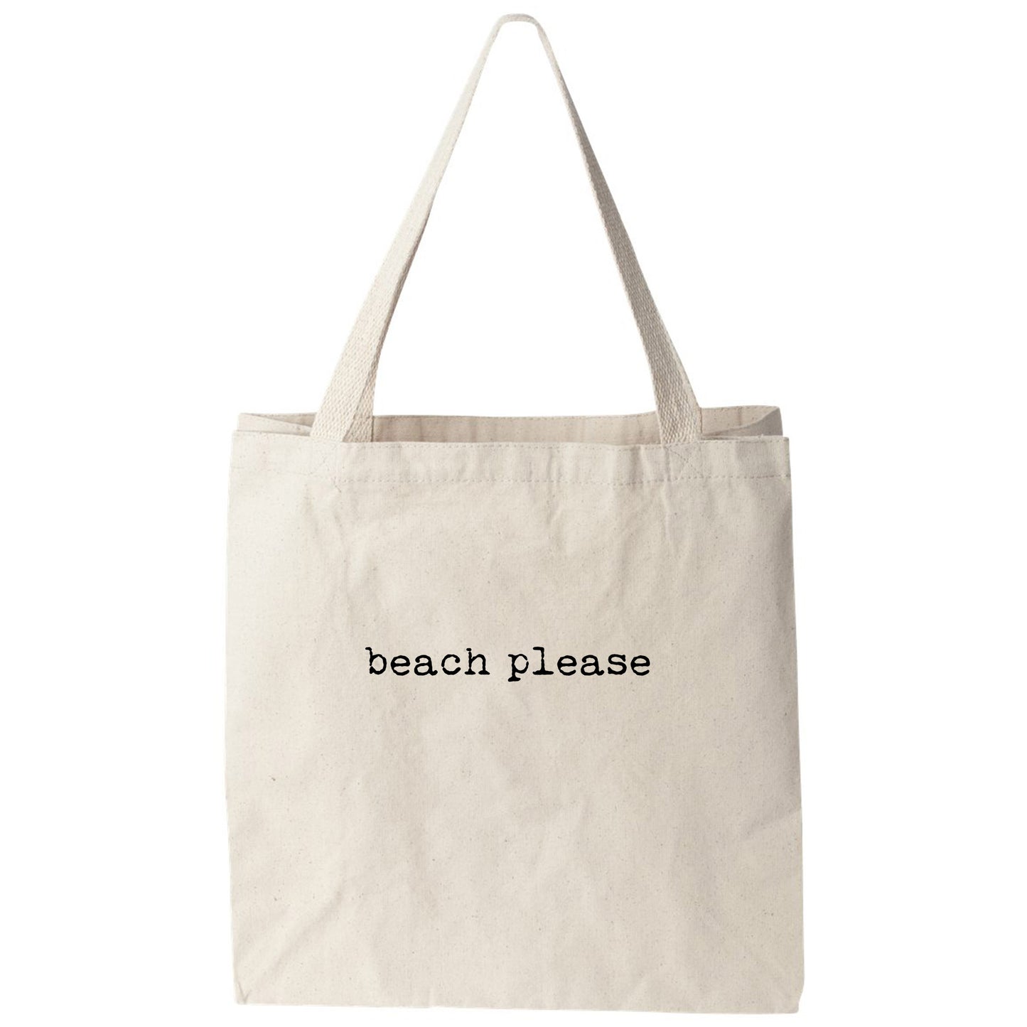 a white bag with the words beach please printed on it