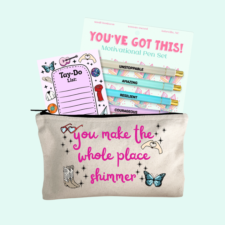 Taylor Inspired Gift Set – You've Got This Pen Set, You Make The Whole Place Shimmer Zipper Pouch, Tay-Do Notepad