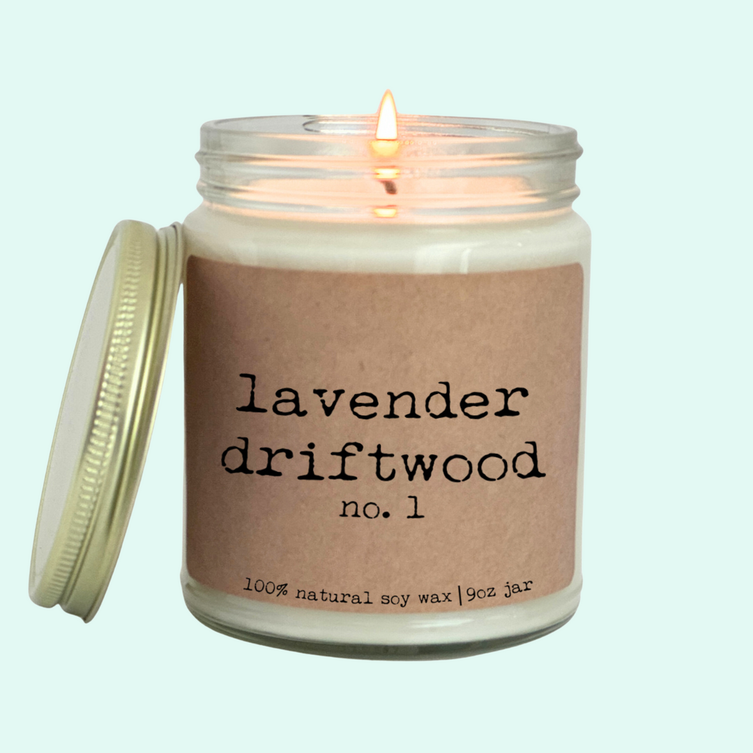 Lavender Driftwood Candle - 9oz Glass Jar Soy Candle - Craft Paper Label