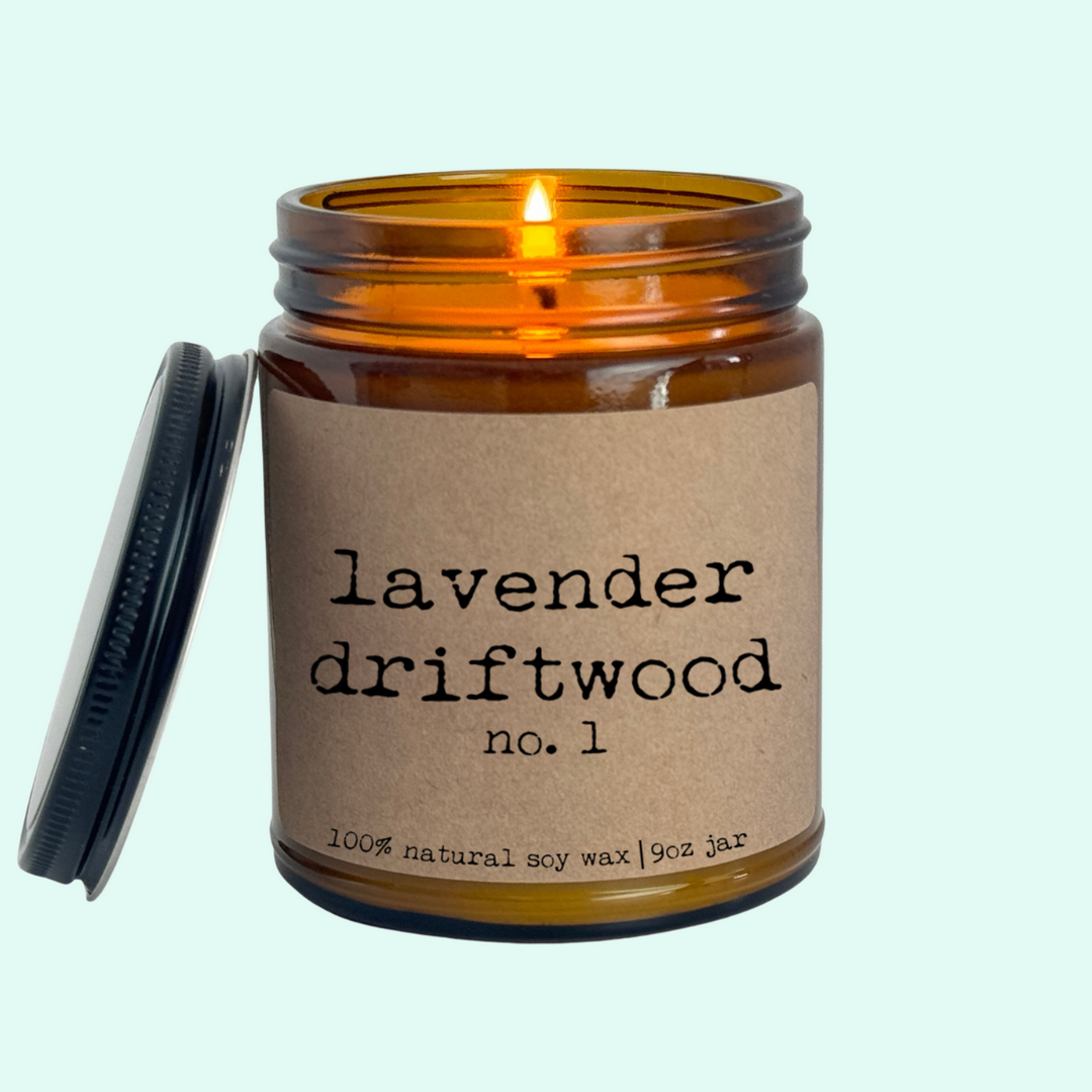 Lavender Driftwood Candle - 9oz Glass Jar Soy Candle - Craft Paper Label