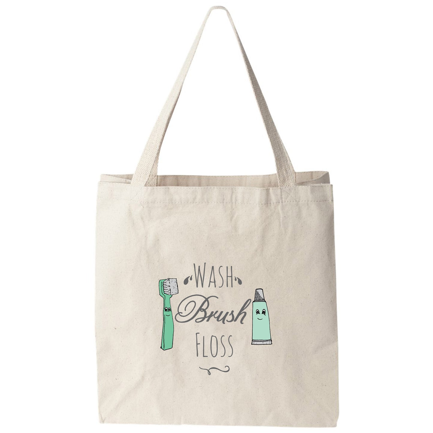 a tote bag with a toothbrush and floss on it