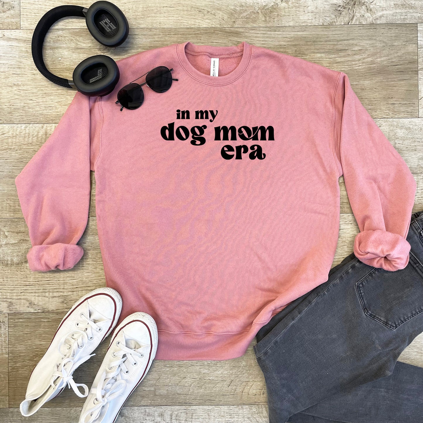 a pink sweatshirt with the words in my dog mom era on it