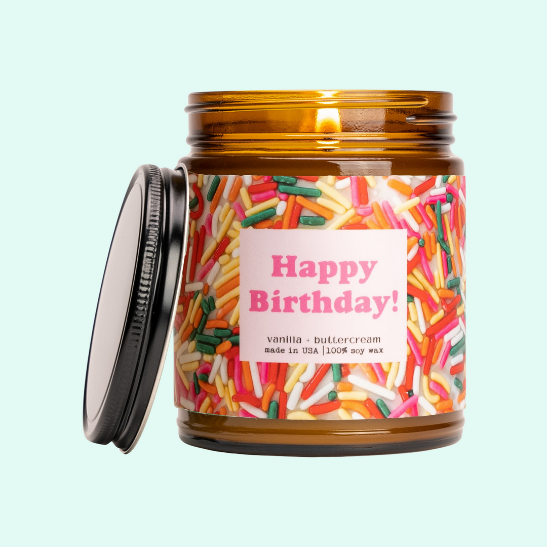 Happy Birthday (Sprinkles) - 9oz Glass Jar Soy Candle - Vanilla & Buttercream Scent