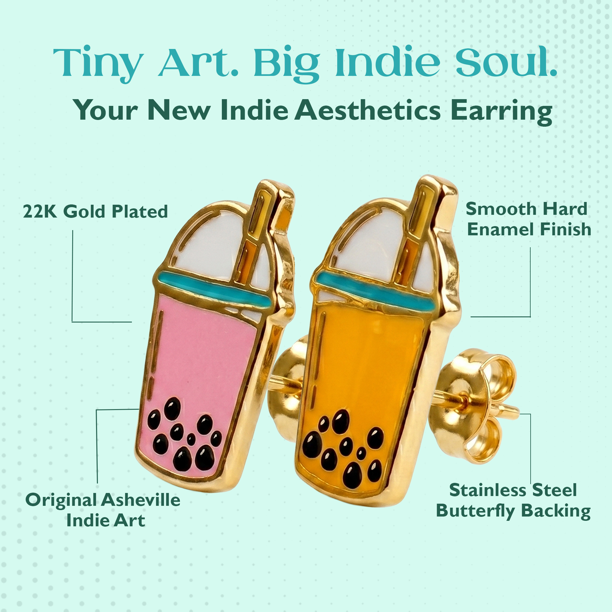Boba Tea Earrings - 22k Gold Plated Studs