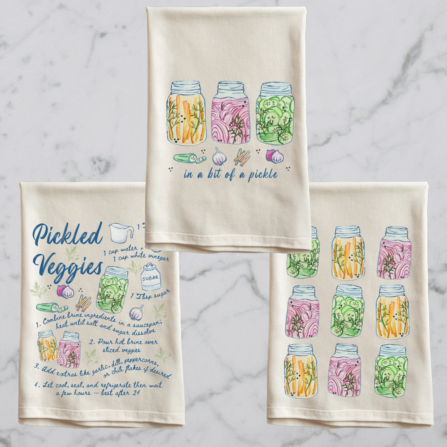 Set of 3 - Pickle Watercolor Kitchen Towels