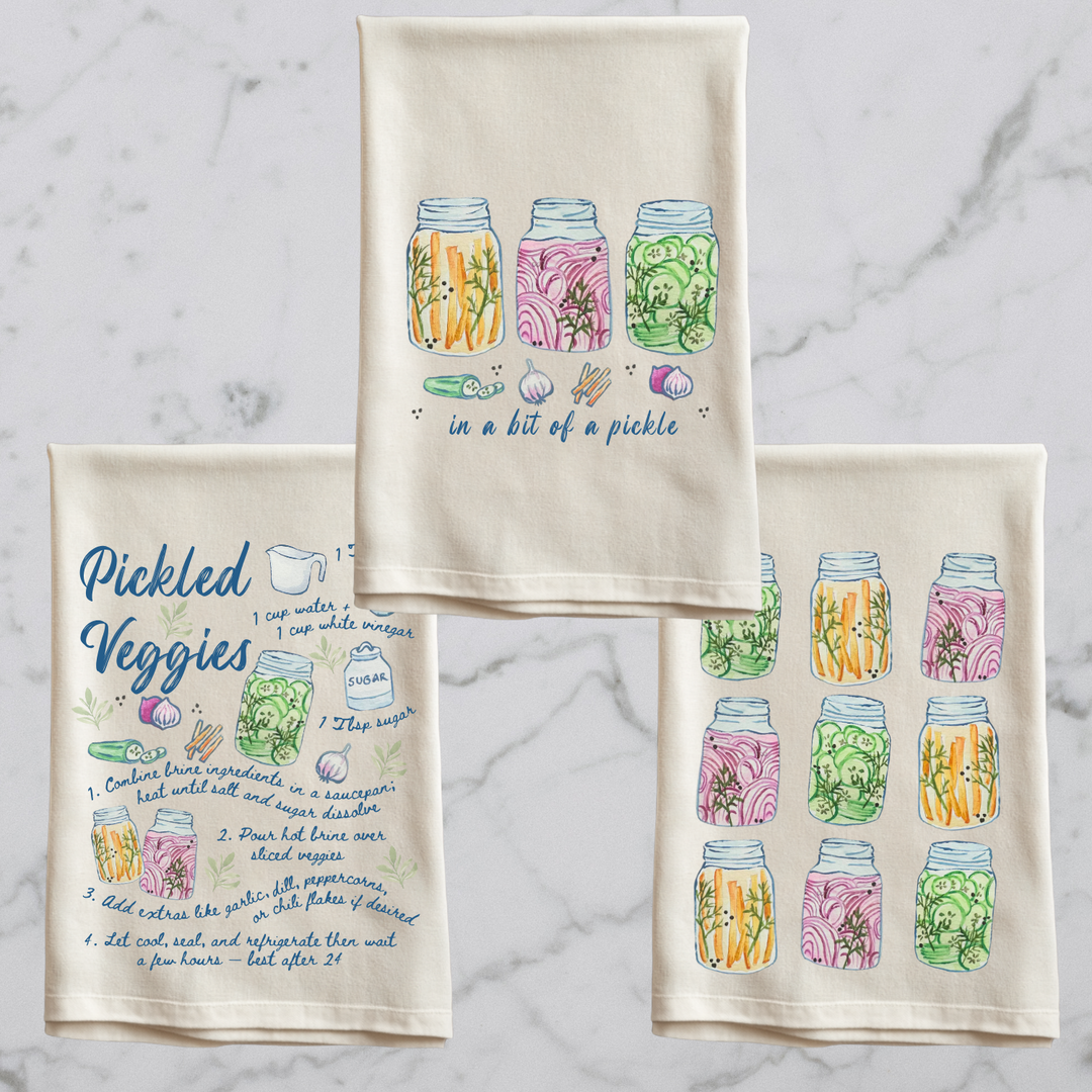 Set of 3 - Pickle Watercolor Kitchen Towels