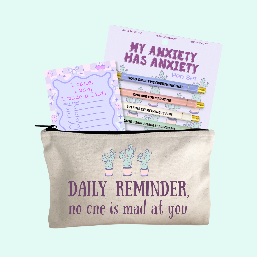 Anxiety Gift Set – Anxiety Pen Set, No One Is Mad At You Zipper Pouch, I Made A List Notepad