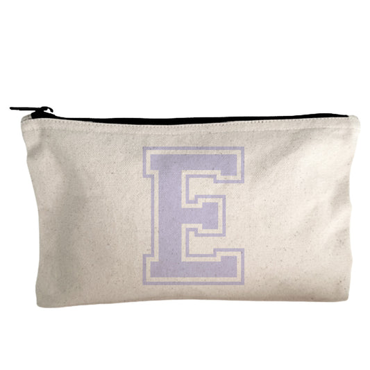 a white bag with a purple letter e on it