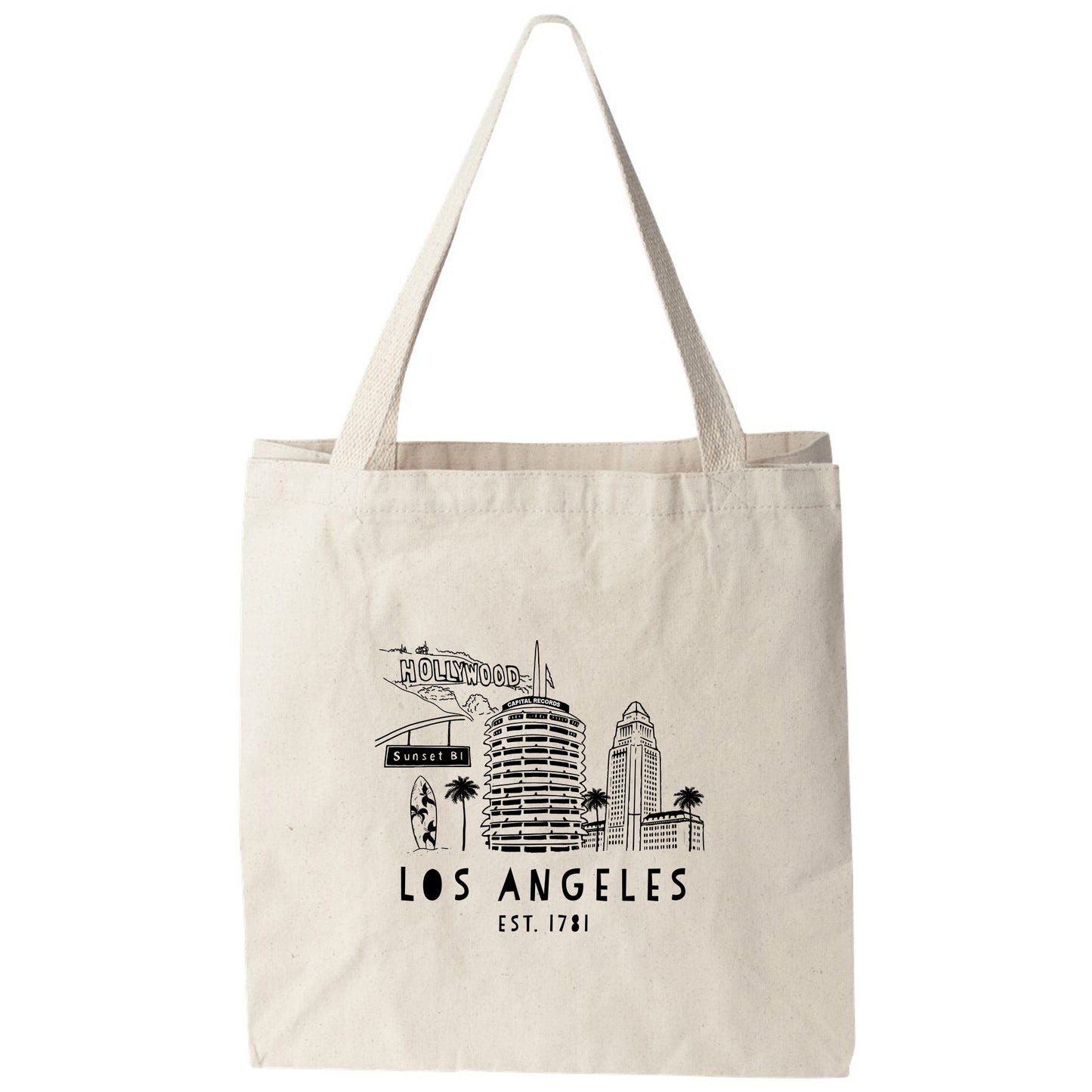 a tote bag with a picture of the los angeles skyline