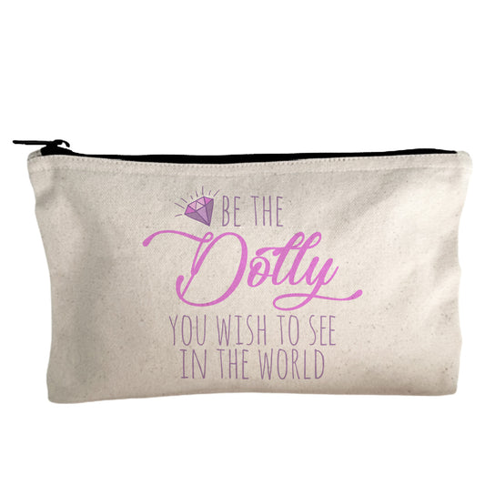 a white zipper bag with a quote on it