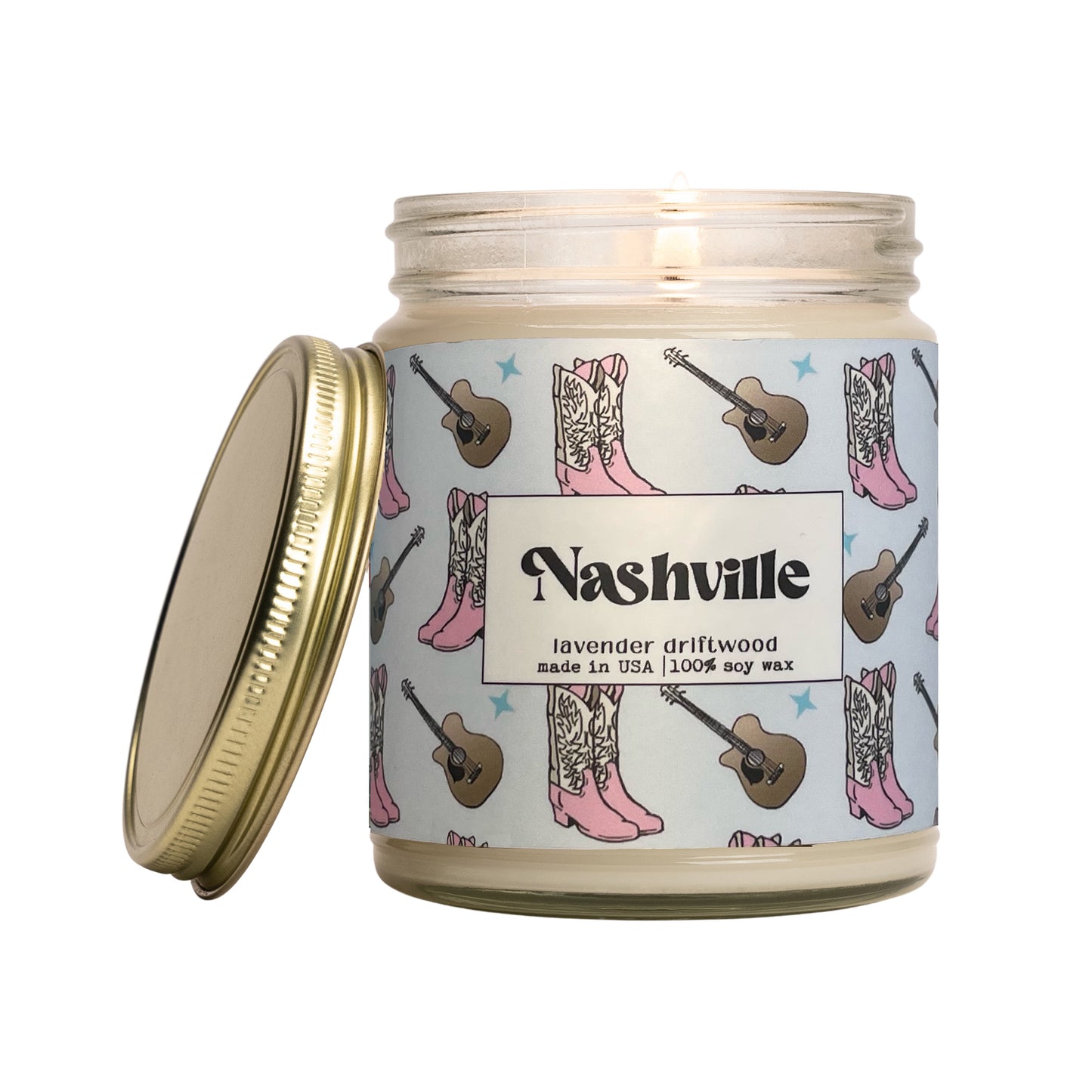 Nashville, Tennessee, 100% Natural Soy Wax Scented Candle, Clean Burn, 9oz Glass Jar, Lavender Driftwood