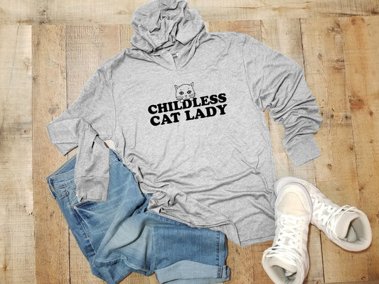 a gray hoodie with the words'childless cat lady'on it