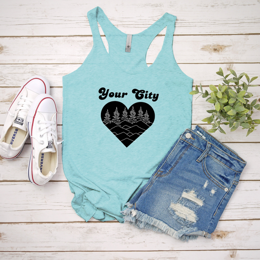 a tank top that says your city with a heart on it