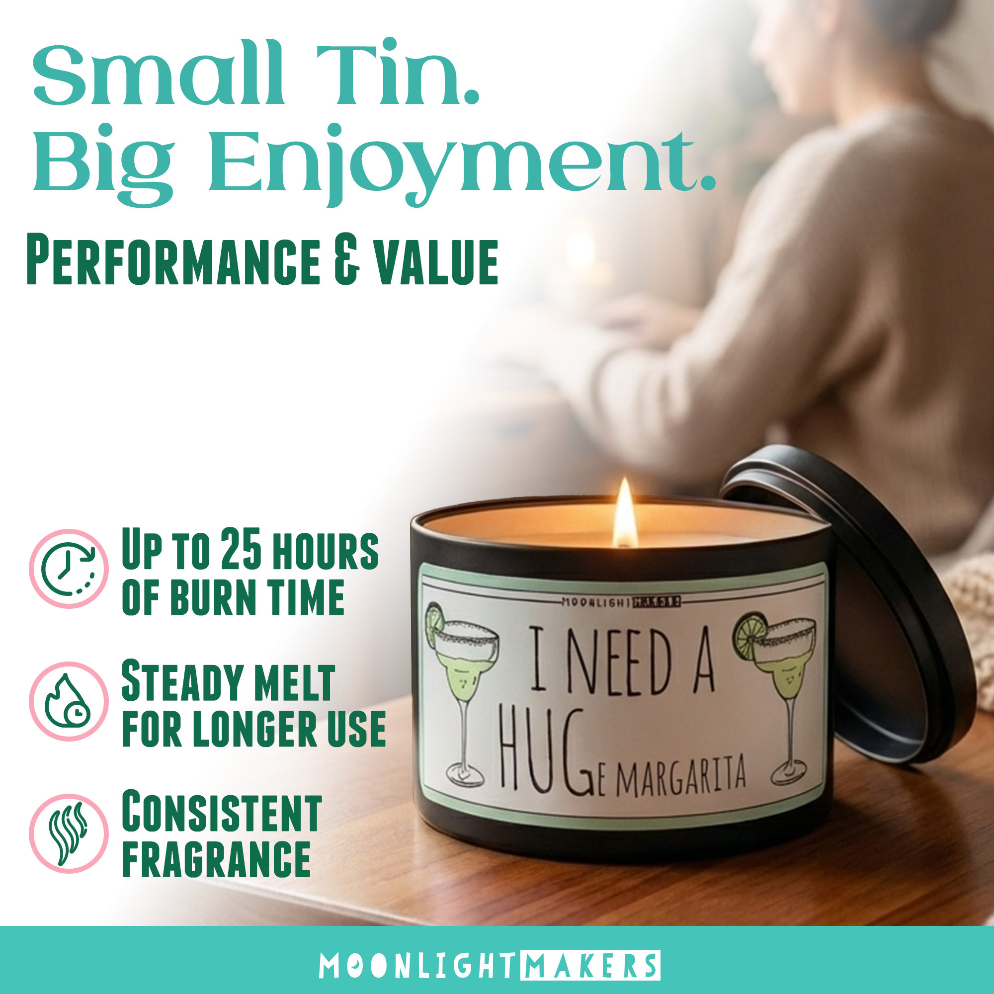 The image is an advertisement for a candle named "I Need a Hug for Margarita". The candle is placed on a wooden surface, with a blurred background that includes a person sitting. The advertisement highlights the candle's features, such as its ability to burn for up to 25 hours, its steady melt for longer use, and its consistent fragrance.