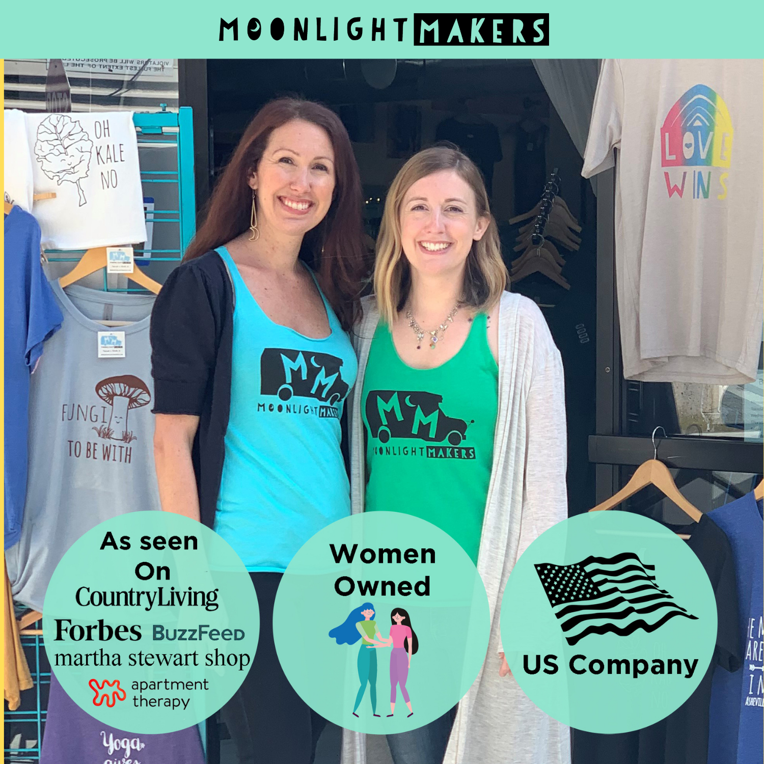 two women standing next to each other in front of a store