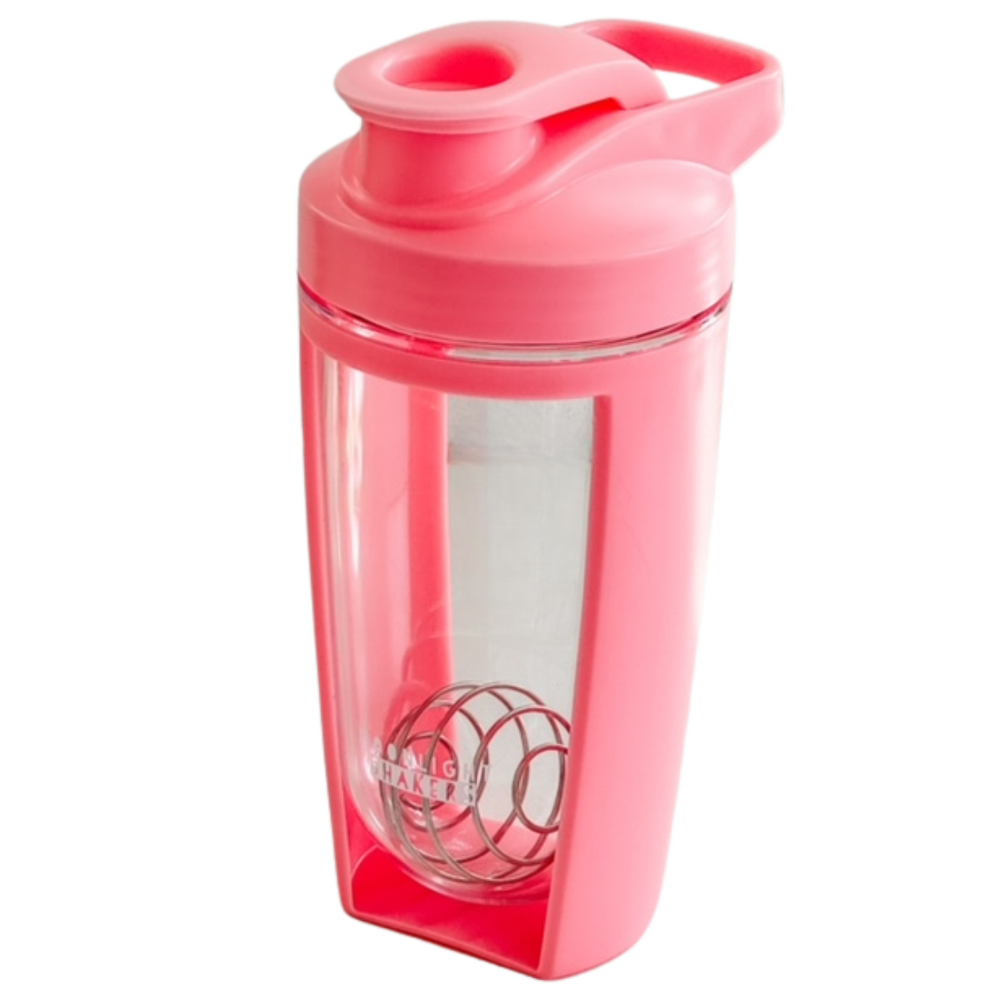 a pink shaker cup with a ball inside of it