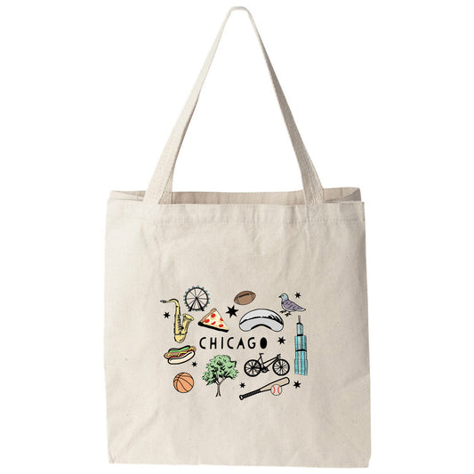 a tote bag with chicago symbols on it