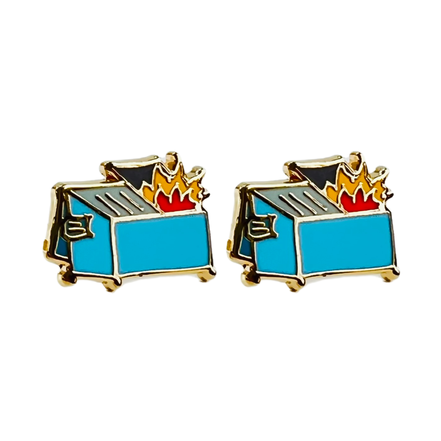 a pair of blue and yellow cufflinks with a toaster on it