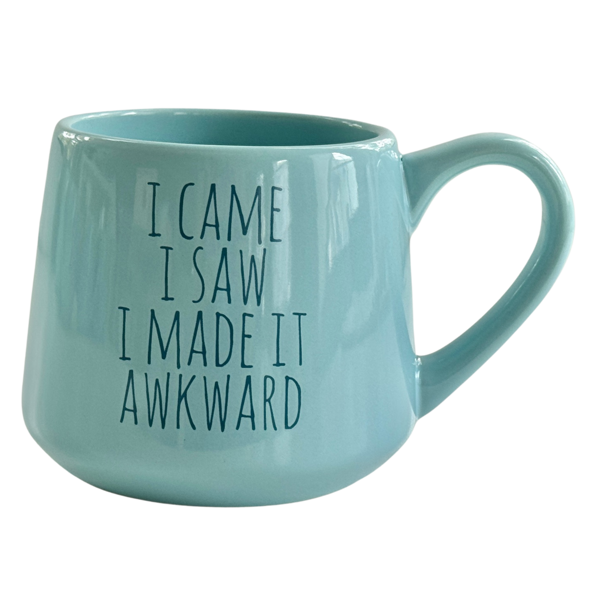 a blue coffee mug with words on it