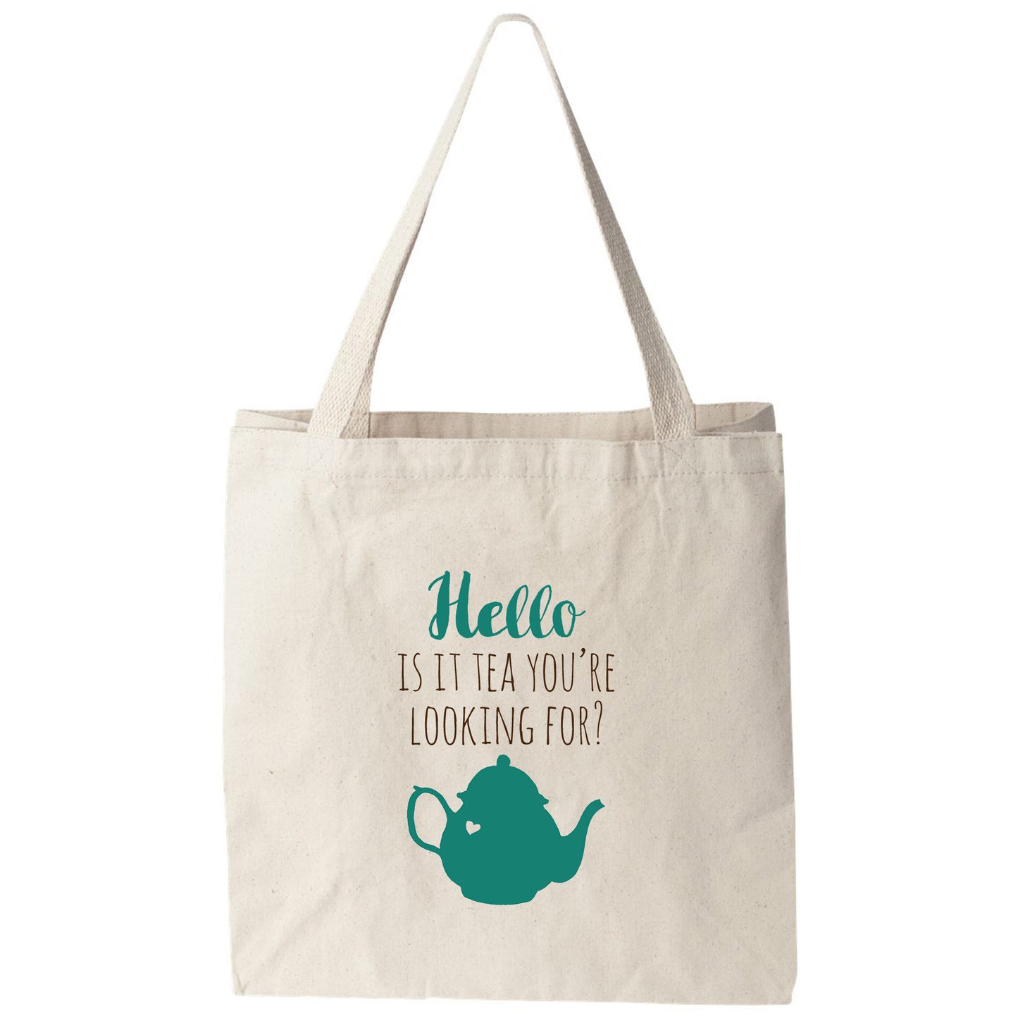 a bag with a teapot on it that says hello, it's tea