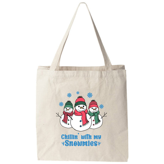 a tote bag with two snowmen on it